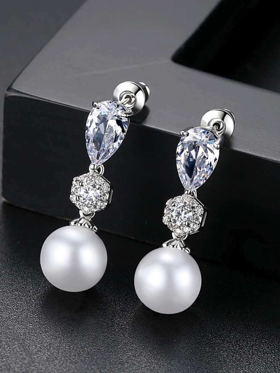 Zircon Pearl Earrings-0