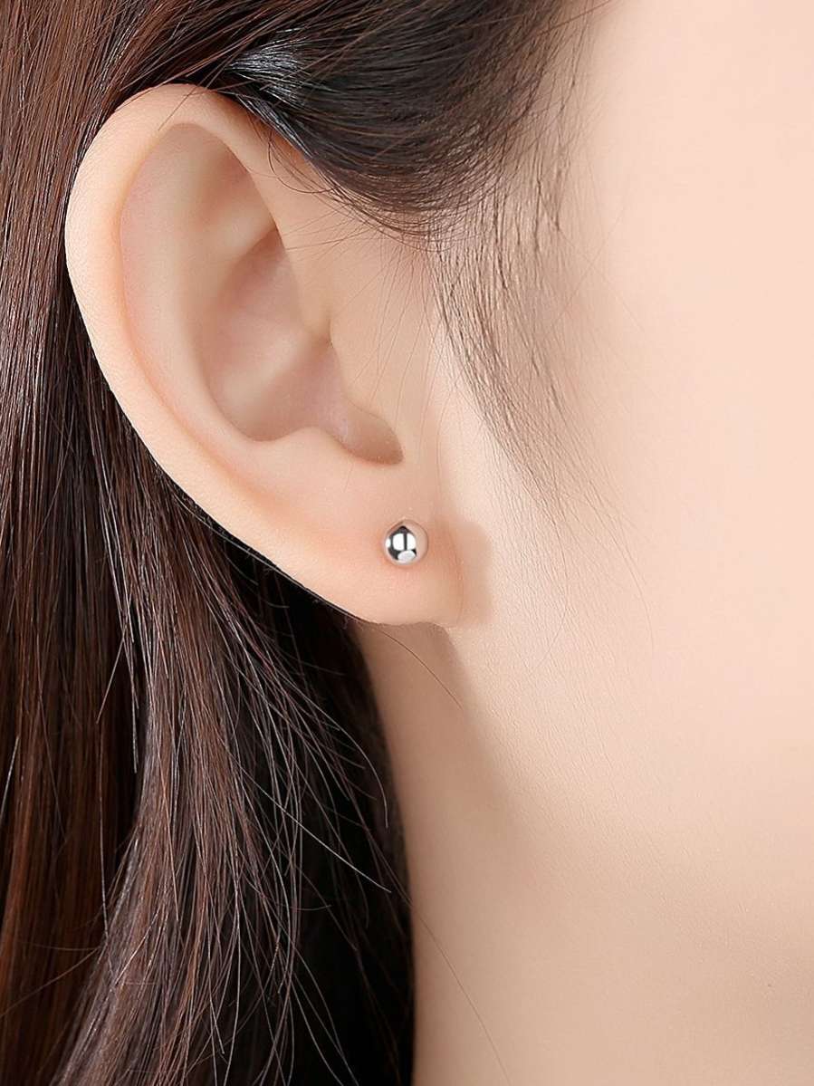 Silver Round Beads Stud Earrings-1