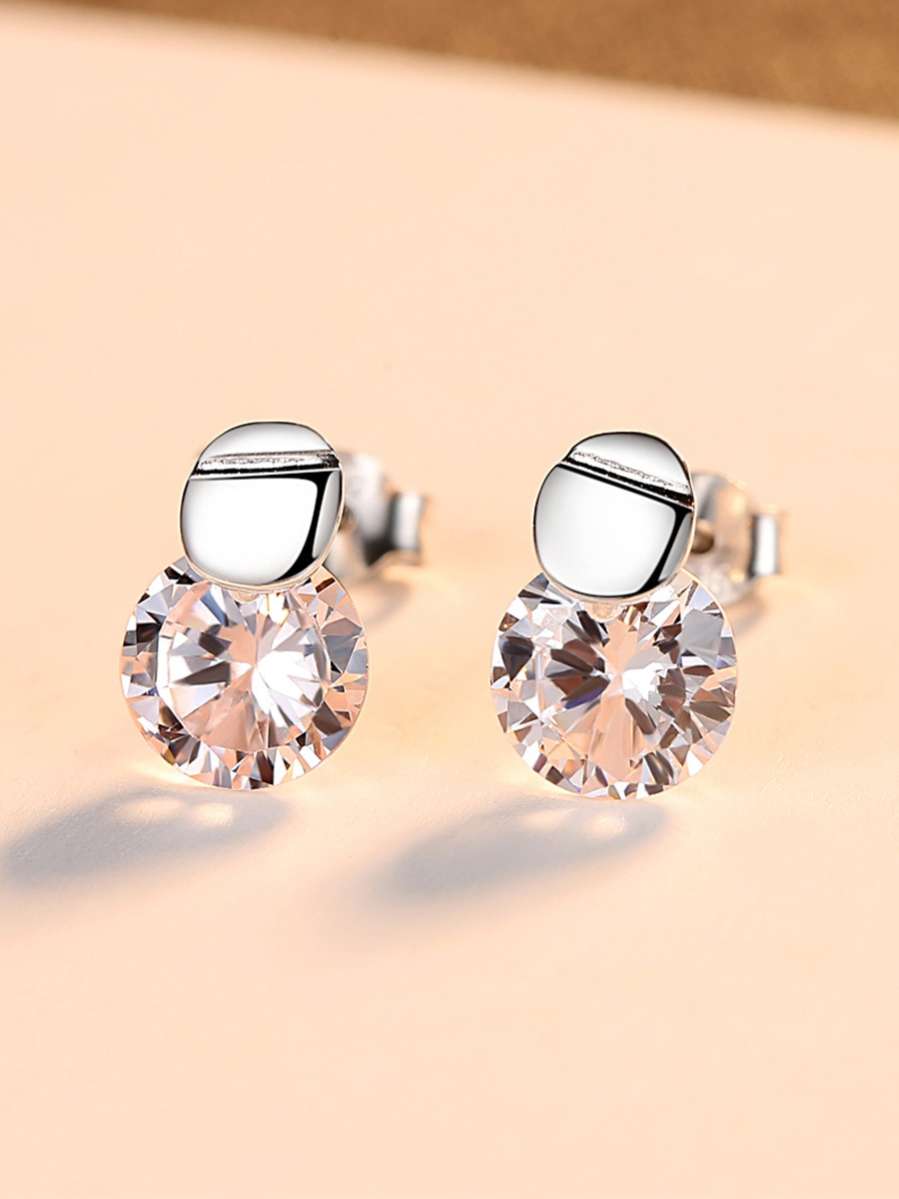 Round Crystal Silver Earrings-0
